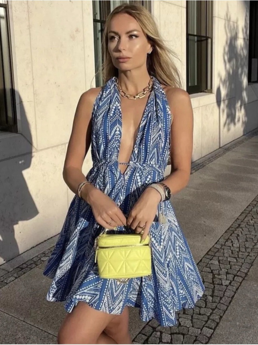 Blue Printed Halter Mini Dress - Stylish Summer Look